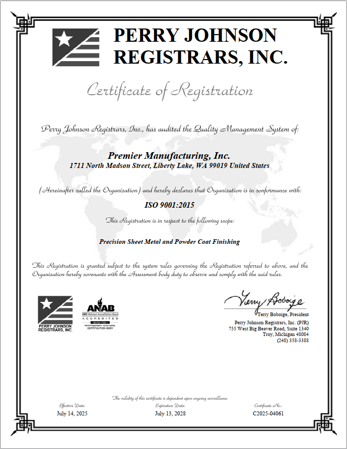 Premier's ISO 9001:2015 certificate of registration from Perry Johnson Registrars