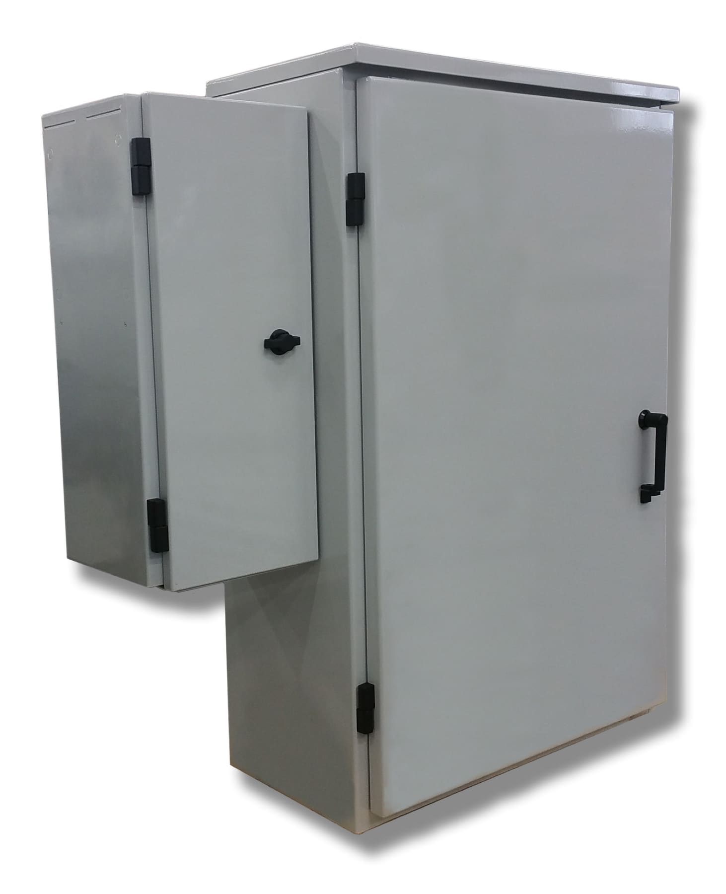 A light grey outdoor enclosure cabinet with its door closed