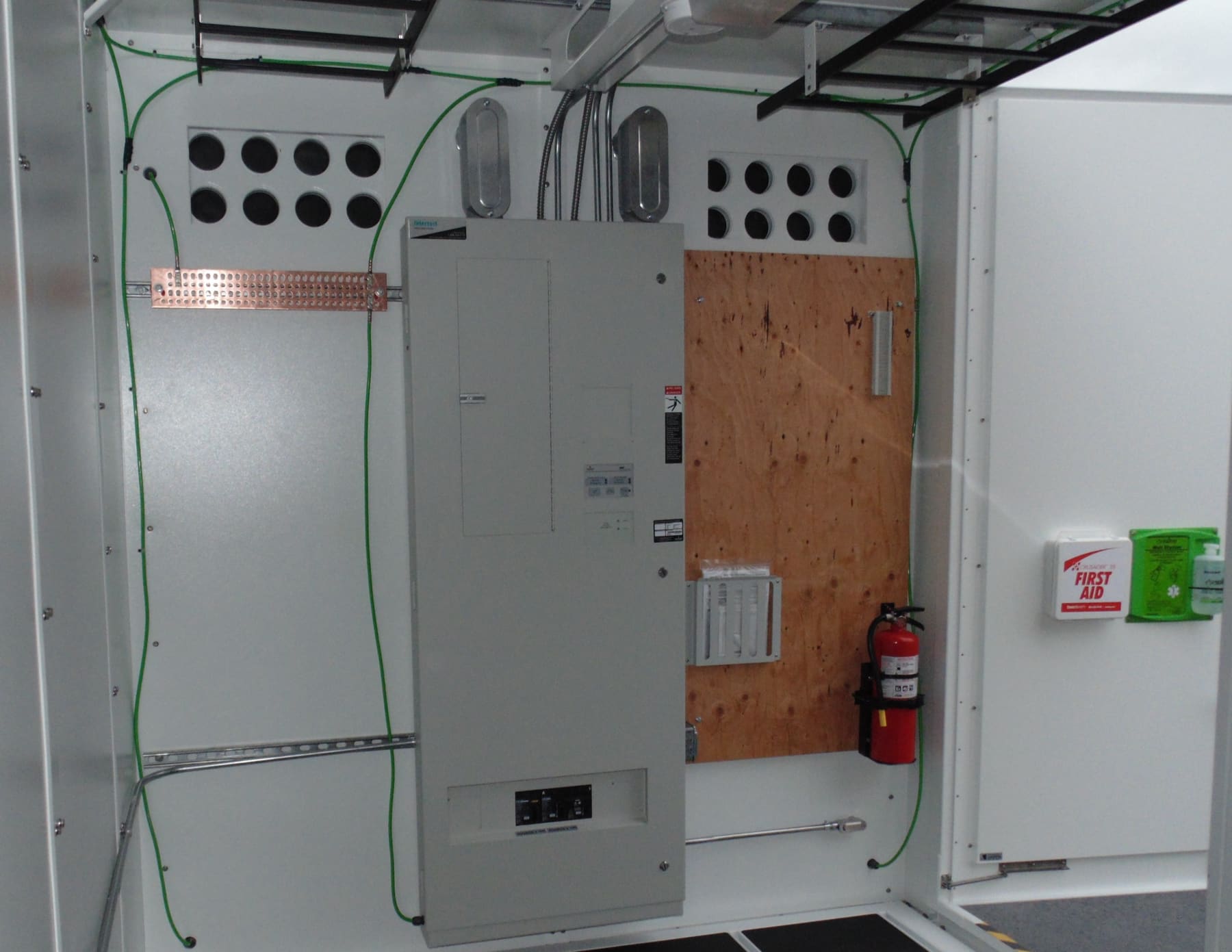 The wired interior of a finished equipment shelter