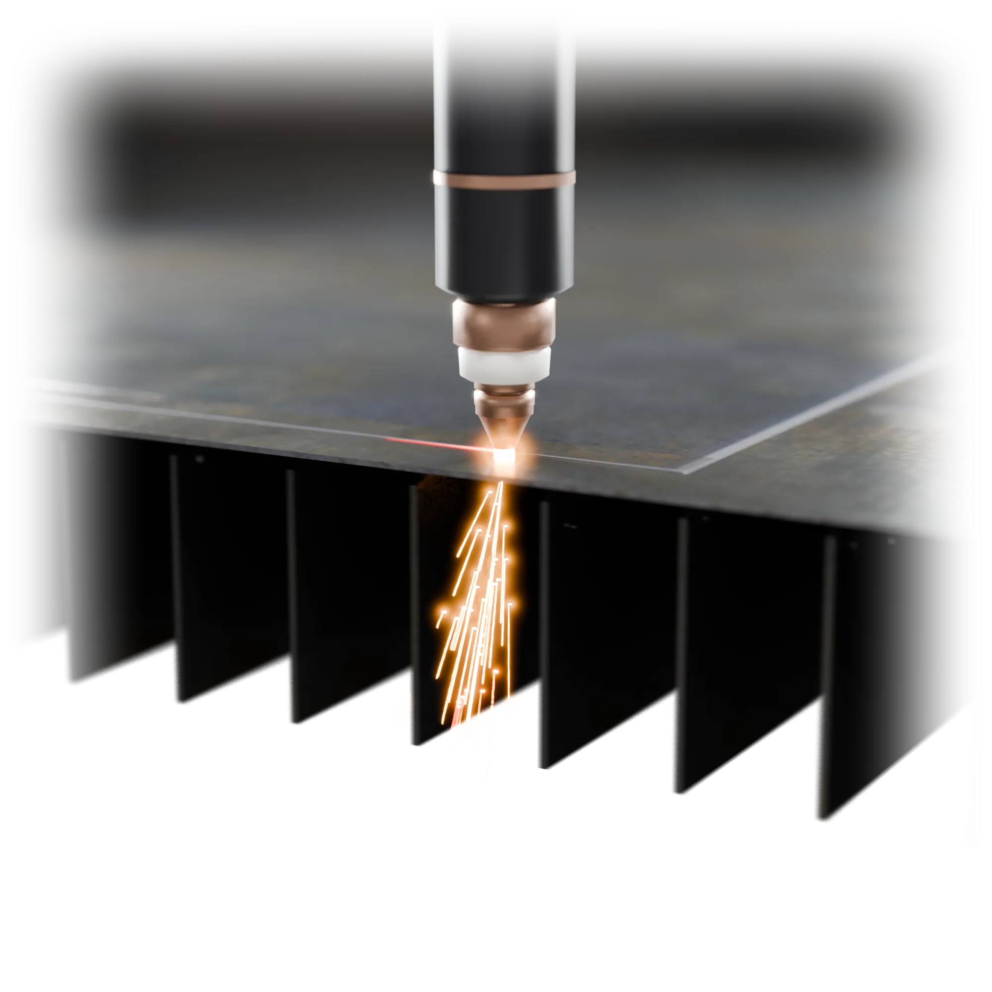 A laser cutting a steel sheet, sparks falling through the bed