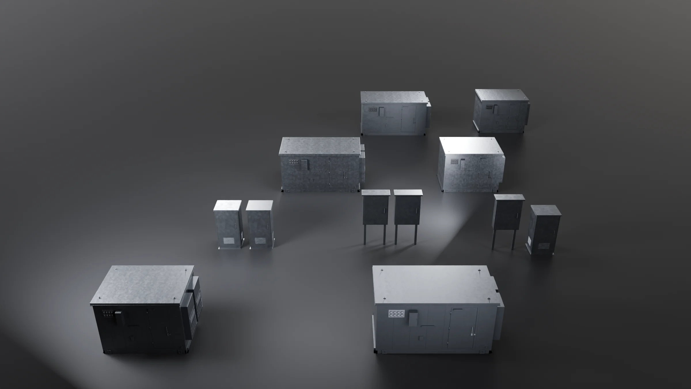 Premier shelters, cabinets and control panels lined up as if staged for shipping
